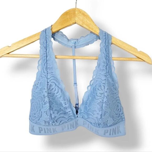 Victoria's Secret Pink Lace T-Strap Logo Bralette in Baby Blue Size Small - Picture 1 of 11